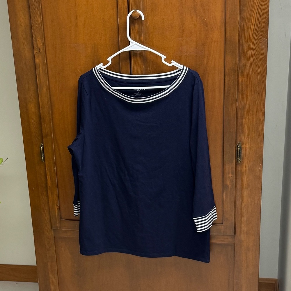 Talbots Navy Blue Striped Women's Top large cotton spandex 21 in pit L26in